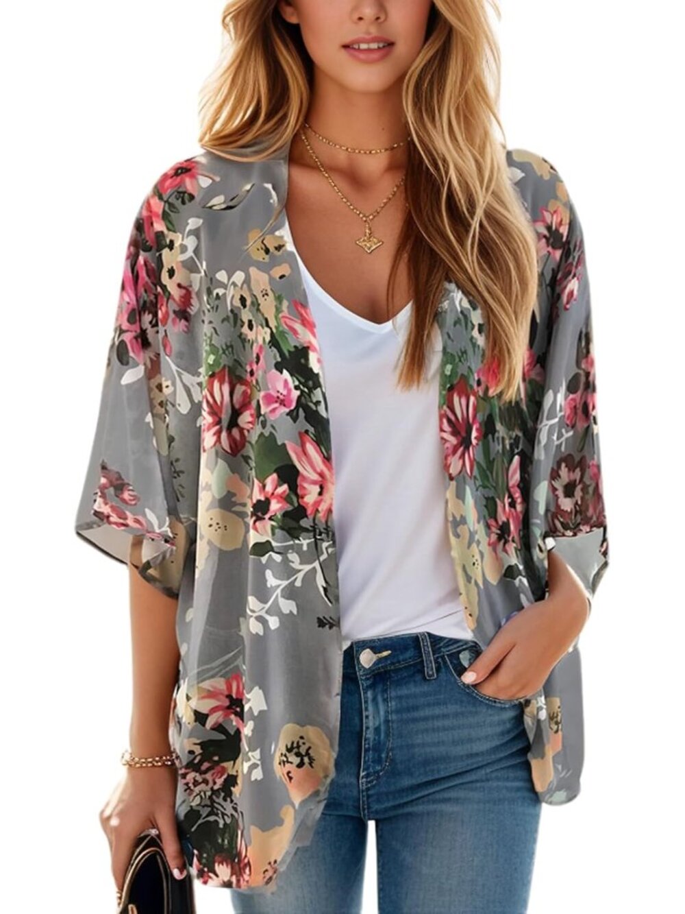 Women's Floral Print Puff Sleeve Kimono Cardigan Loose Cover Up Casual Blouse To